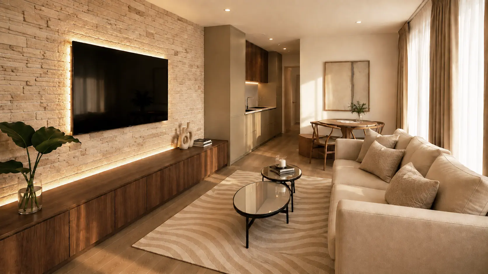 Salón y cocina de las viviendas Oeste