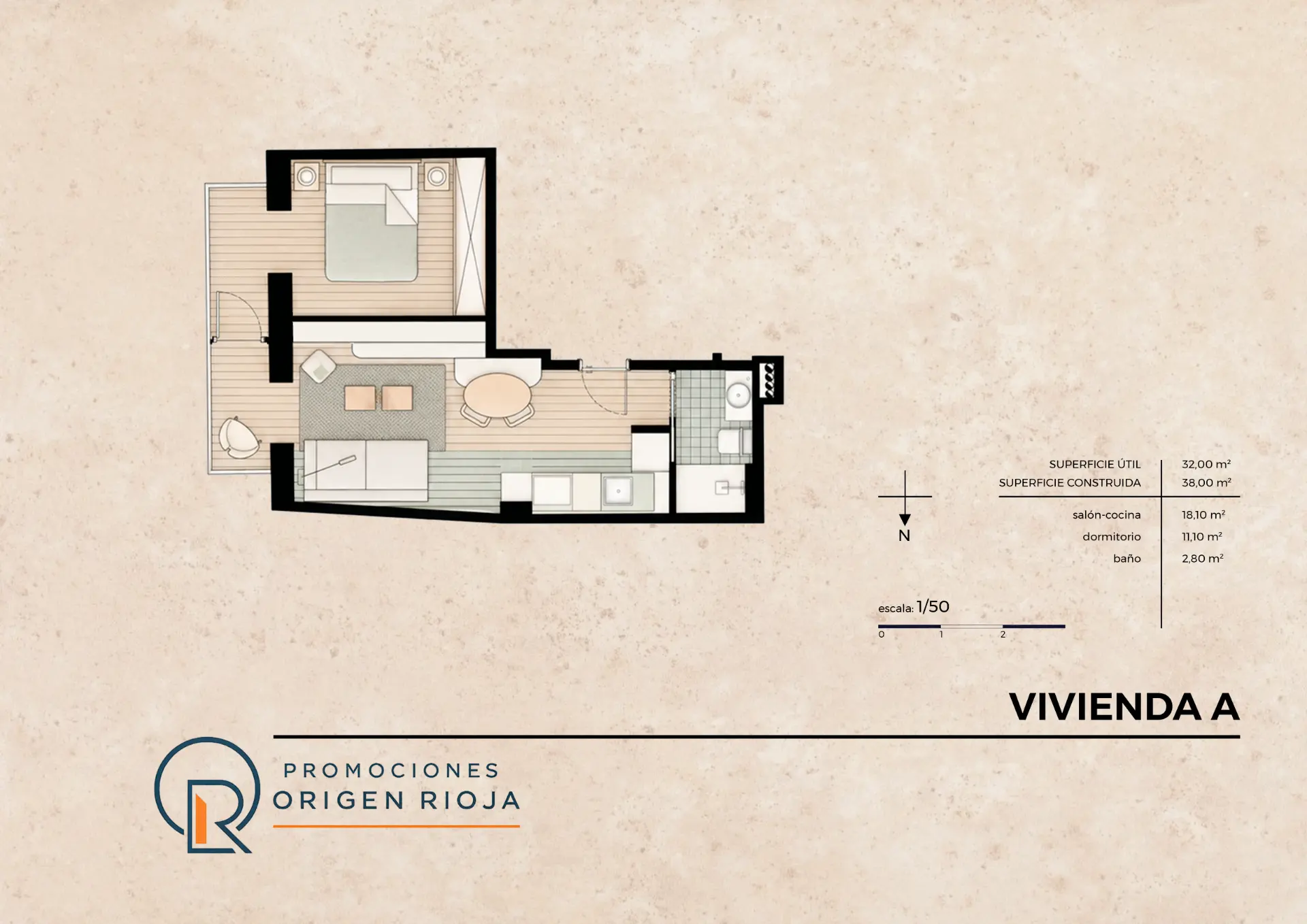 Plano técnico de las viviendas Este con superficies por estancia