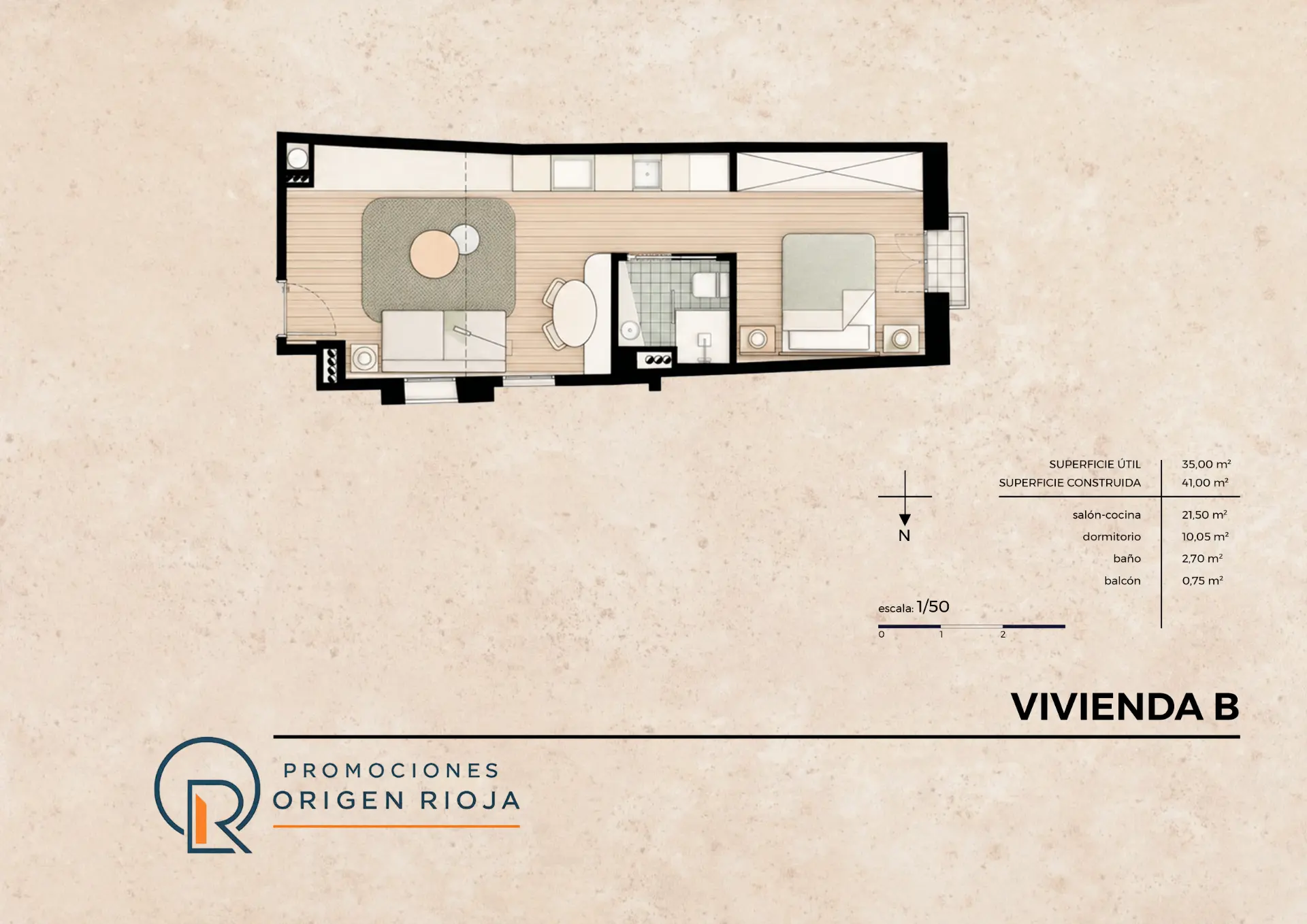 Plano técnico de las viviendas Oeste con superficies por estancia